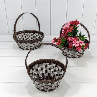 Корзины плетёные Круглые Набор 1/3 25*10/27 (±5%) из пластика с ручкой Коричневый/Серый 1/20 Арт: 420178/2193
