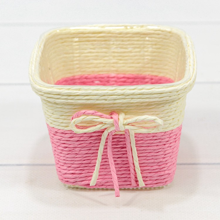 Кашпо плетёное Квадратное 11*11*8 (±5%) из бумаги с бантиком Розовый 1/100 Арт: 420141/2